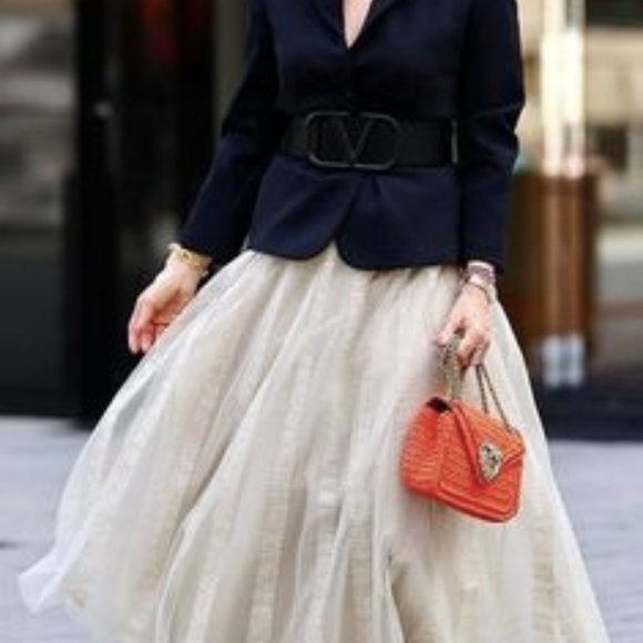 Vtg Yellow Stripe Lace Mesh Tulle Sheer Floral Applique Sequin Midi Maxi Skirt M - Picture 10 of 16